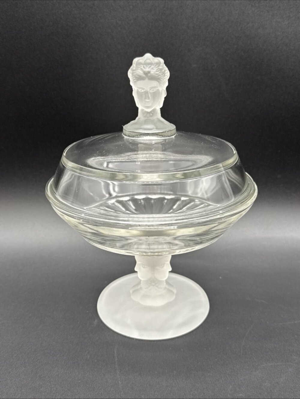 VTG Glass Three Faces Neoclassical Roman Greek Vanity Compote Dish 6" Eclectic